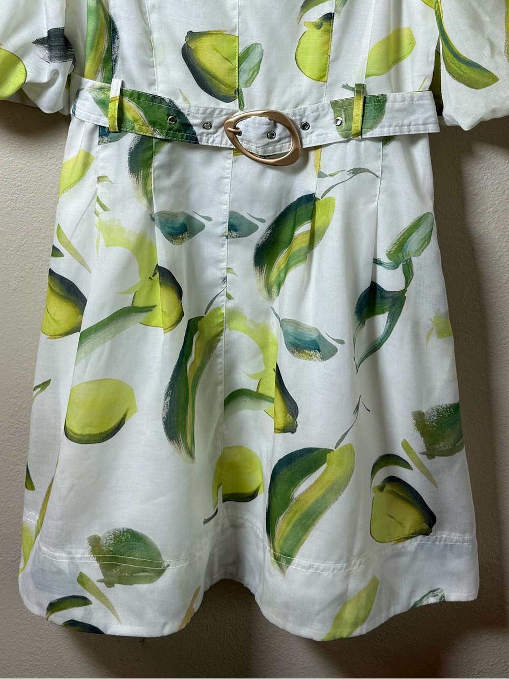 Beulah Style Alyssa Zest White Puff Sleeve Mini Dress Green & Yellow Leaf Cotton - Picture 6 of 15